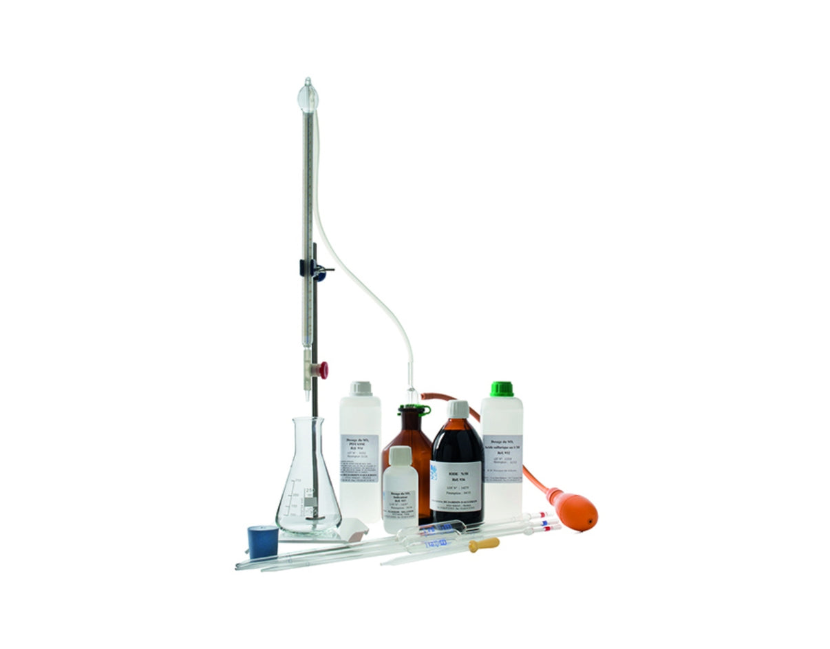 119100-Kit de dosage complet du SO2 libre et total (méthode Ripper), équipé d’une burette avec mise à zéro automatique gravée et graduée